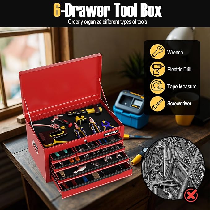 IRONMAX Small Tool Box, 24" Lockable Steel Toolbox with 6 Drawers & Top Tray, Heavy Duty Tool Chest Cabinet Storage Organizer for Garage, Workshop, Repair Shop, Warehouse (Red)
