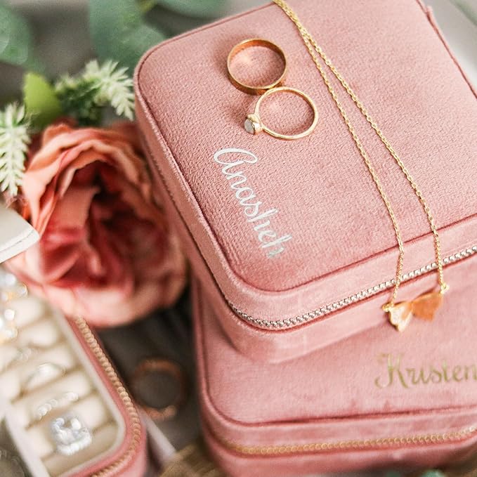 Customizable Compact Velvet Jewelry Box with Mirror, Travel Jewelry Case, Travel Jewelry Organizer, Jewelry Box for Women and Girls, Small Jewelry Organizer (Bottom Right Text, Nude Pink)