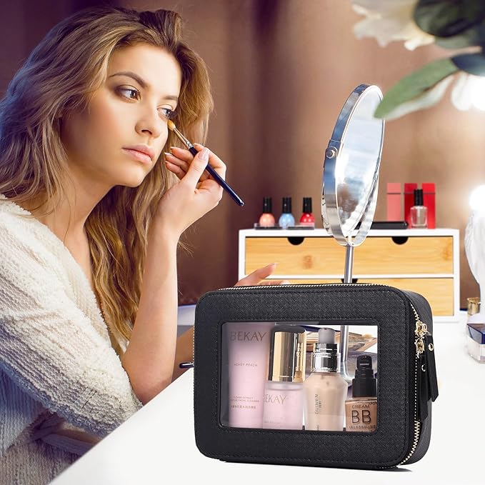 Pinkmik Clear Makeup Bag Waterproof Travel Case for Cosmetics and Toiletries Women's Purse Organizer and Clear Car Bag with Zipper (Black, M+MINI)
