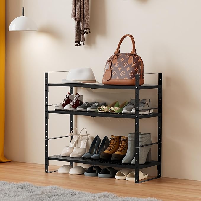 Multi-Functional Metal Shoe Rack, Space-Saving, Perfect for Entryway, Closet, Bathroom, etc. - Sturdy and Durable, High Weight Capacity（3PACKS/Black/Large
