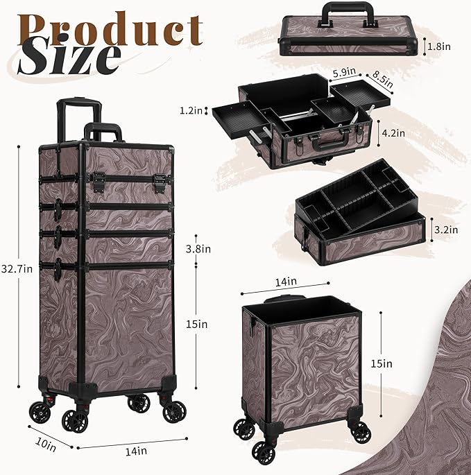 Profesional Rolling Makeup Train Case with Lid, 5 in 1 Cosmetology Case on Wheels, Large Cosmetic Trolley Organizer Travel for Hairstylist Artist Nail Beauty Salon Barber, Brown Ink