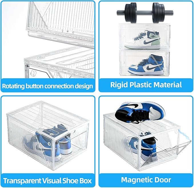Foldable Shoe Organizer,Shoe Storage Organizer,10 Pack Shoe Box Clear Plastic Stackable,Drop Front Shoe Box with magnetic Door, Containers For Sneaker,Fit up to US Size 15