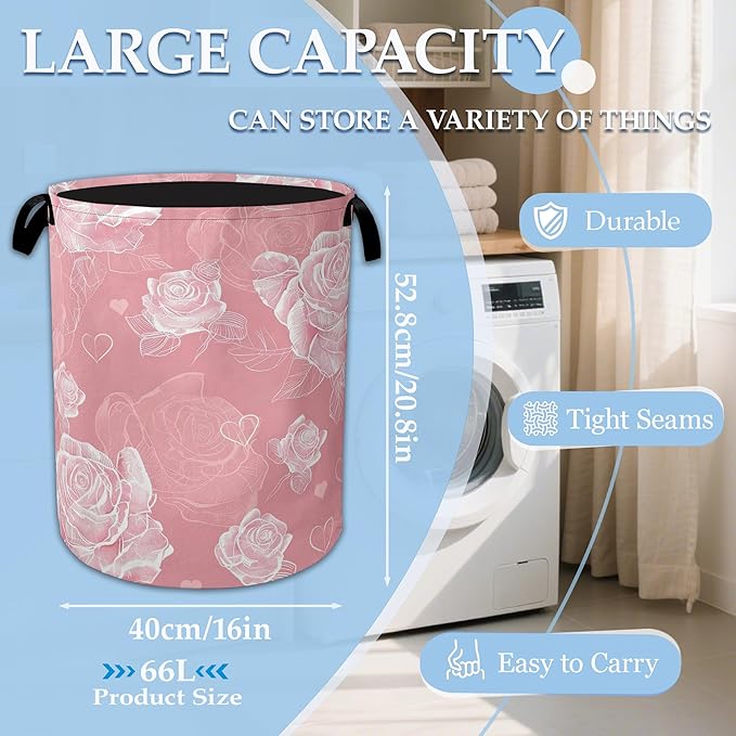 Pink Roses Large Storage Basket Collapsible Laundry Basket Oxford Storage Bin for Toy Bins Gift Baskets Bedroom Clothes Children Nursery Hamper 16" X 20.8"