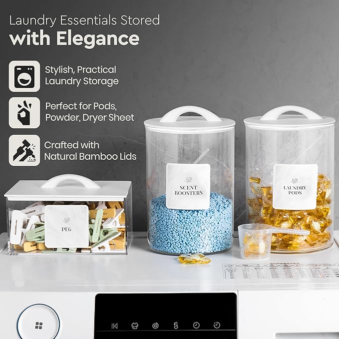 Laundry Pod Storage Container Set | Two 3L Glass Jars & One Acrylic Dryer Sheet Container with Bamboo Lids – Includes 2 Scoops, 60 Waterproof Laundry Labels – Dishwasher Safe