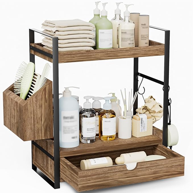 2-Tier Bathroom Counter Organizer with Drawer and Basket, Wood Countertop Organizer for Storage, Skincare Organizers for Vanity, Counter Shelf for Bathroom Organization(Dark Brown)