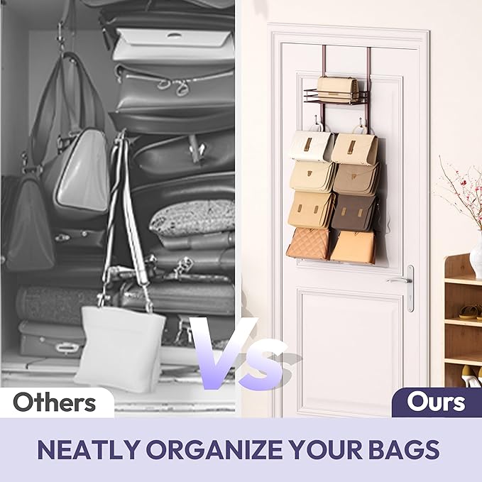 SWTYMIKI Over The Door Purse Organizer - Wall Mounted Handbag Organizer with 10 Hooks and Metal Basket, Hanging Purse Storage Rack Holds up to 10 Bags, Bag Rack Can Use As 1/2 Part, for Door, Closet