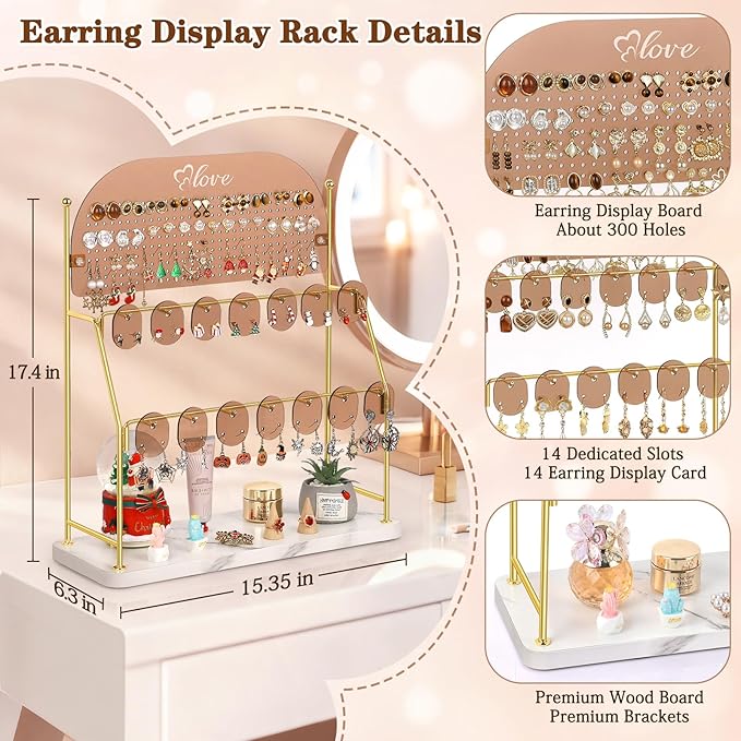 Keebofly Acrylic Earring Organizer Stand with 14 Hooks, Cute Girly Earring Holder for Girls/Teens/Kids – Jewelry Display for Vendors, Vanity Desk Stores Studs/Hoops/Dangles/Necklaces/Bracelets Glod