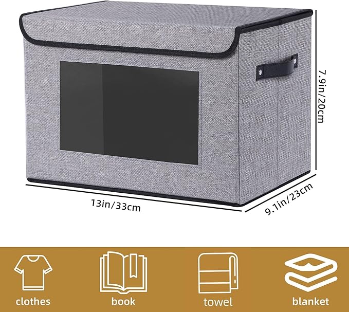 Storage Baskets with Lids, Fabric Storage Boxes with Handles, 13 x 9.1 x 7.9 Inch Closet Organizers for Shelves Bedroom Office, Gray, 3-Pack