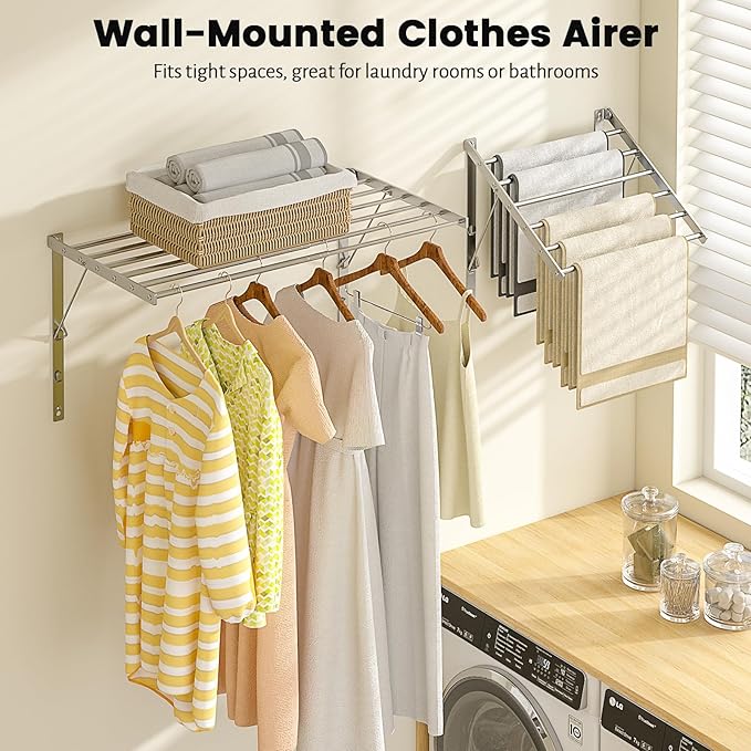Wall Mounted Laundry Drying Rack, 29.92 inch Retractable Clothes Drying Rack, Foldable Laundry Rack Indoor with 6 Smooth Round Stainless Steel Rods, Space Saving for Laundry Room, Bathroom, Apartments