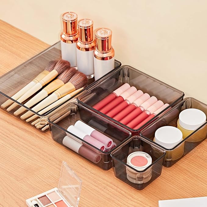 SMARTAKE 13-Piece Drawer Organizers with Non-Slip Silicone Pads, 5-Size Desk Drawer Organizer Trays Storage Tray for Makeup, Jewelries, Utensils in Bedroom Dresser, Office and Kitchen, Light Black