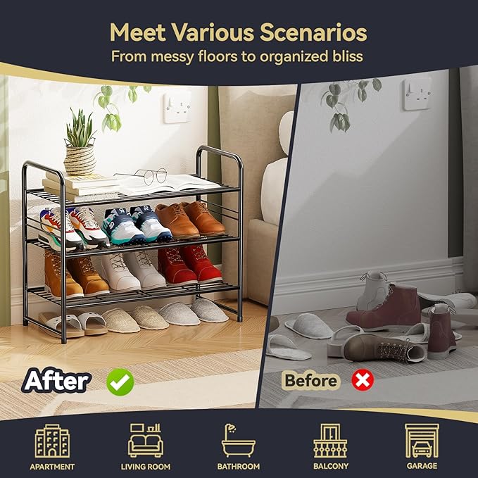 Shoe Rack, Closet Metal Wire 3 Tier 27”Long Shoe Organizer Shelf for Entryway,Stackable, Black