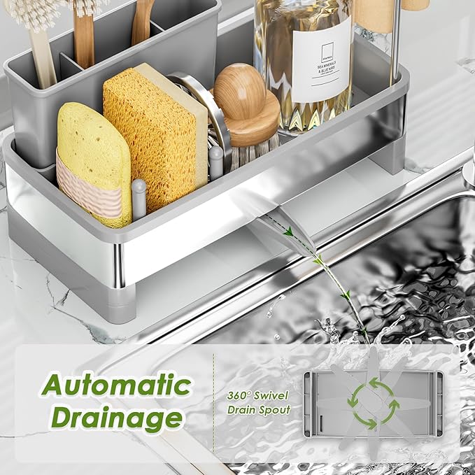 Stainless Steel Sink Caddy, Sponge Holder for Kitchen Sink with Brush Holder & Dishcloth Rack, Rustproof Sink Organizer Countertop, Soap Dispenser Kitchen Organizers Storage Essentials (Gray)