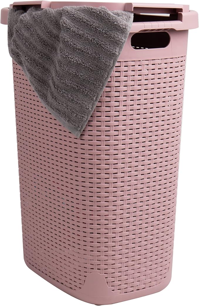 Mind Reader Slim Laundry Hamper with Lid, 60L Clothes Baskets, Premium Wicker Design, Plastic, 2-Pack, Pink