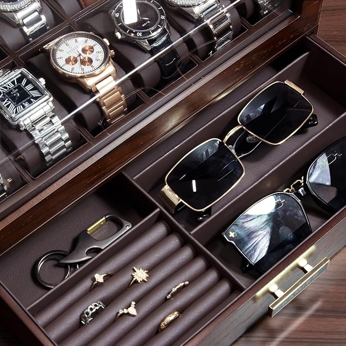 High End Watch Box for Men, 12 Slot Wooden Watch Case With Drawer, Watch Display Box with Glass Lid, 2-Layer Watch Holder for Jewelry and Watch Storage for Men Women , Ideal for Gift (With Gift Box)