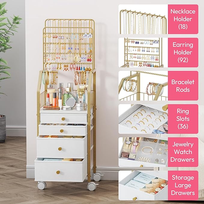 SWTYMIKI Large Jewelry Organizer Stand - Multifunctional Rack Tower for Necklace, Earring, Ring & Bracelet Display - Moveable Storage Jewelry Holder Stand with 4 Nonwoven Drawers for Bedroom Gold