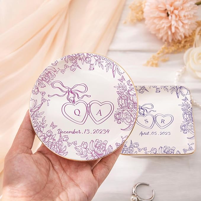 Chillever Custom Locked Ring Dish, Personalized Jewelry Holder, Toile De Jouy Trinket Tray, Engagement Gift for Her, Wedding Keepsake Jewelry Dish, Memorial Gifts, Custom Couple Keepsake 6
