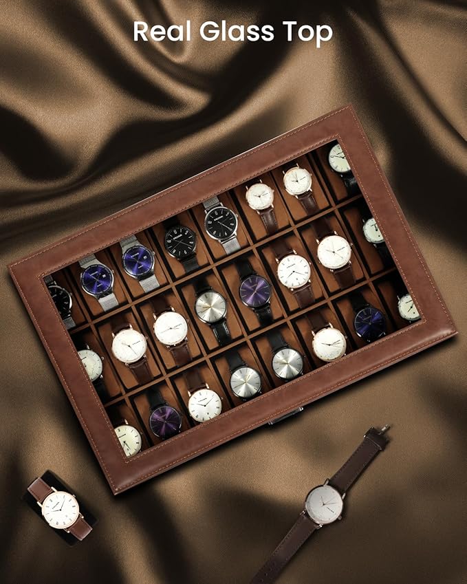 Uten 24-Slot Watch Box, PU Leather Watch Case with Glass Lid, Watch Holder Organizer with Soft Pillow and Velvet Lining, Watch and Jewelry Storage Box, Brown