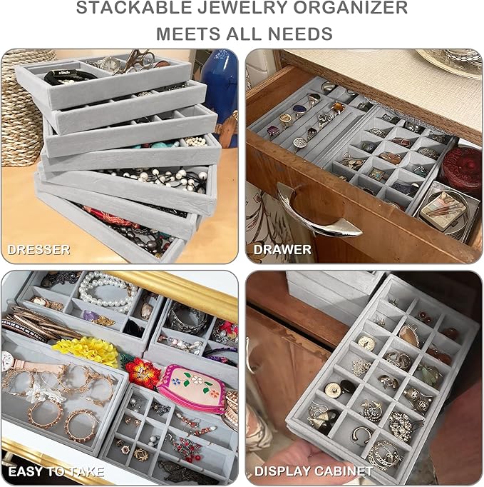 Jewelry Trays,Grey Velvet Stackable Organizer Trays,Drawer Inserts Jewelry Display Case For Rings Stud Necklaces Earring Organizer Tray for Women Girls-8 Pack