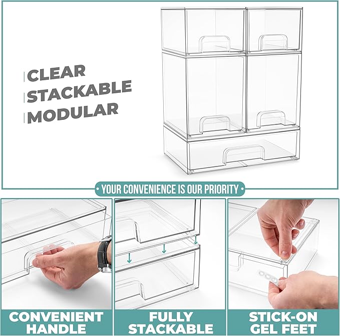 Sorbus Stackable Acrylic Storage Drawers – 2 Small + 2 Tall + 1 Wide – 5 Pack Clear Plastic Organizer Bins for Baby Bottles, Makeup, Bathroom & Vanity, Pull-Out Drawer Design for Kitchen Cabinets