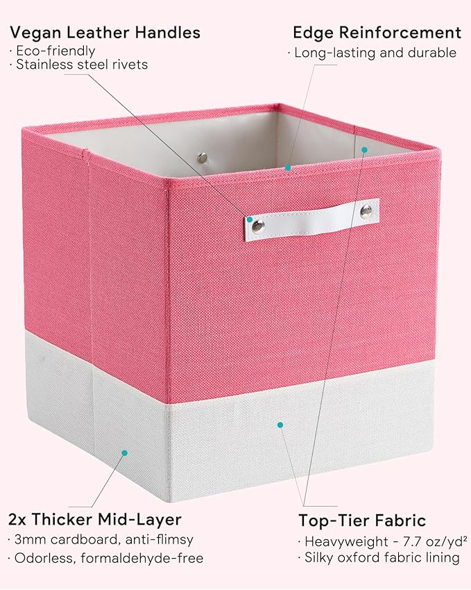 Storage Cube Bins | 7.7 oz/yd² Fabric Cubby Organizer Baskets for Shelf, Closet, Cabinet, Wardrobe | KALLAX Shelving Unit Insert Drawer | 4 Pack, Pink & White, 13x15x13 Inch