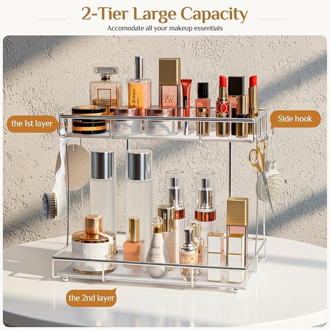 Bathroom Organizer Countertop Perfume Organizer Makeup Organizer Cosmetics Storage Display Rack Vanity Tray Dresser Steel chrome Shelf Transparency Wavy Acrylic Tray (2 Tier Chrome)