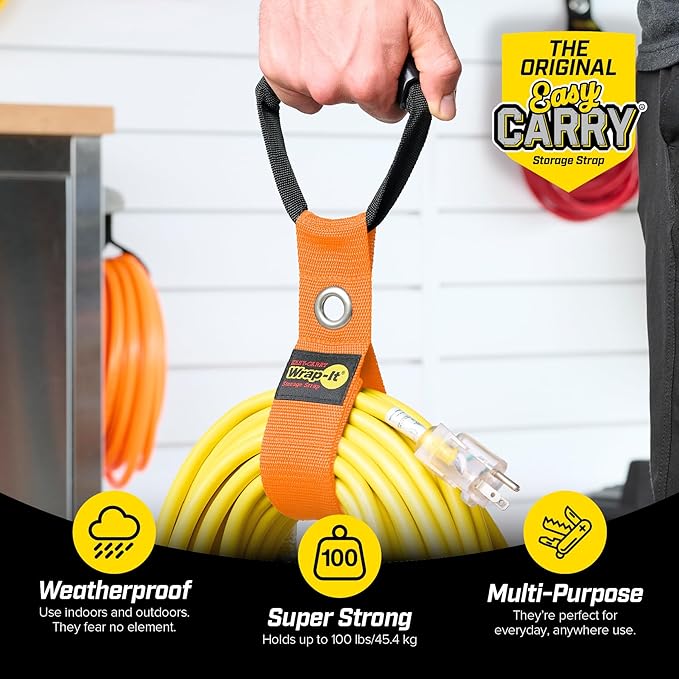 Easy-Carry Wrap-It Storage Straps - 17” (2-Pack) Blaze Orange with Grommet - Extension Cord Hanger Carrying Straps for RV Accessories