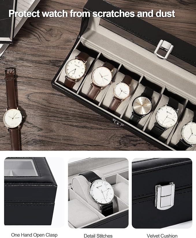Uten Watch Boxes 6 Slots, Watch Display Storage Box PU Jewelry Collection Case Organiser Holder