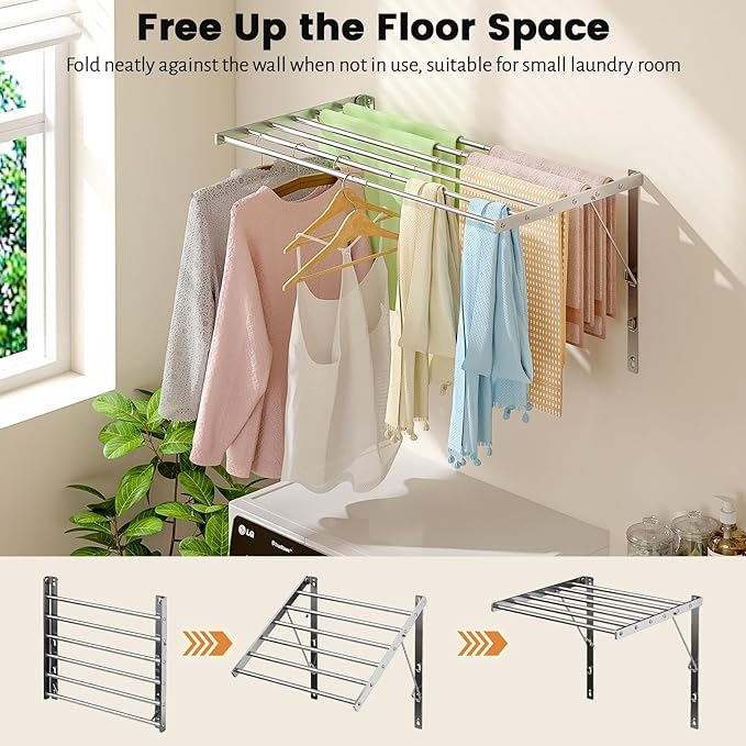 Wall Mounted Laundry Drying Rack, 29.92 inch Retractable Clothes Drying Rack, Foldable Laundry Rack Indoor with 6 Smooth Round Stainless Steel Rods, Space Saving for Laundry Room, Bathroom, Apartments