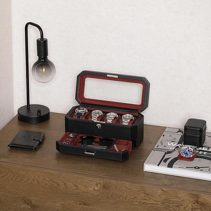 ROTHWELL 4 Slot Leather Watch Box with Valet Drawer - Luxury Case Display Jewelry Organizer, Locking Display Case Holder with Real Glass Top - Watch Box Organizer for Men & Women (Red)