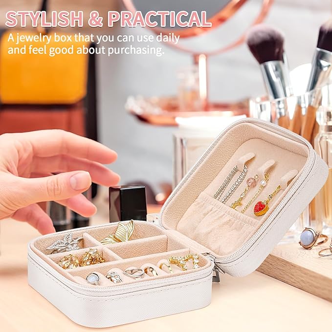 Leezmark 8 Pcs Jewelry Travel Case, Bridesmaid Gifts Set Of 8, Velvet Portable Jewelry Travel Organizer Small Bridesmaid Proposal Gifts Box Mini Storage Organizer Box, Beige-white