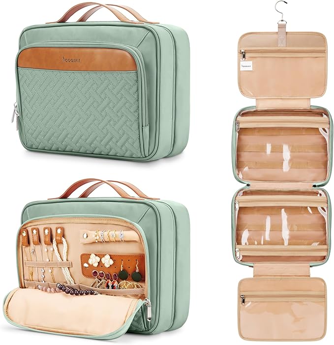 Travel Hanging Toiletry Bag for Women, Cruise Ship Essentials, with Jewelry Organizer, Extra Large Makeup Dopp Kit, Waterproof Cosmetic Bags, Toiletries Kit Set with Trolley Belt, Green