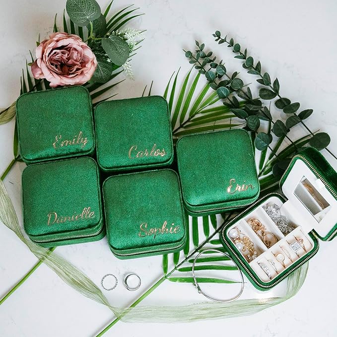 Customizable Compact Velvet Jewelry Box with Mirror, Travel Jewelry Case, Travel Jewelry Organizer, Jewelry Box for Women and Girls, Small Jewelry Organizer (Bottom Right Text, Emerald Green)