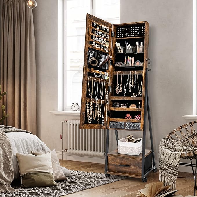 CHARMAID Rolling Jewelry Cabinet with Full Length Mirror, Lockable Standing Jewelry Armoire with Wheels, Steel Legs, Lipstick Brush Storage, Jewelry Organizer Box with Drawers (Rustic Brown)