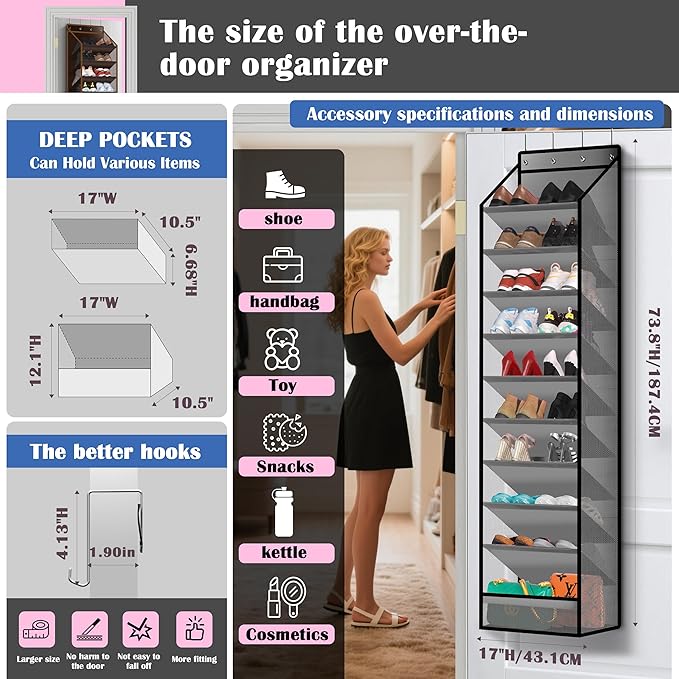 10 - Pocket Over - the - Door Hanging Shoe Organizers & Rack, Made of Sturdy 600D Oxford + Non - Woven Fabric, Space - Saving Storage for Shoes, Boots & More (Gray)