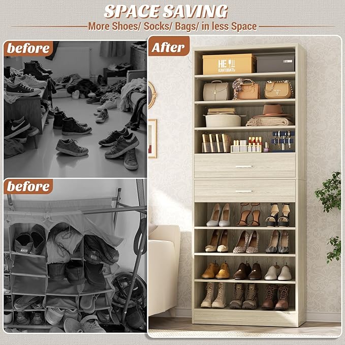 Aheaplus Tall Shoe Cabinet, 10 Tiers Wood Shoe Rack, Vertical Shoe Storage Organizer with 2 Drawers, Narrow Shoe Shelf Tower for 24-28 Pairs, Space Saving, for Closet, Entryway, Bedroom, White Oak