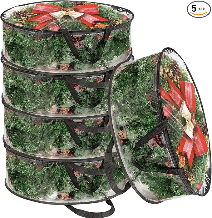 SHUESS 5 Pack Clear Wreath Storage Bags, 24 x 8 Inch Christmas Wreath Storage Container, Heavy Duty PVC Wreath Protector with Dual Zippered and Reinforced Handle for Holiday Seasonal Wreath Garland