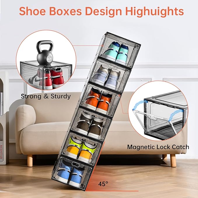 12 Pack Gray Transparent Shoe Storage Organizer, Stackable Shoe Boxes for Closet, Drop Front Plastic Shoe Box with Grey Door, Easy to Assemble, Fit up US Size 12(13.4”x 9.8”x 7.1”)