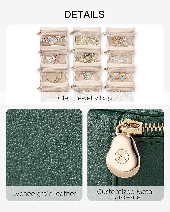 Vlando Jewelry Travel Case,Travel Jewelry Organizer with Clear Velvet Jewelry Bags 12Pcs Zipper Pouch for Women Girl Gift-Green