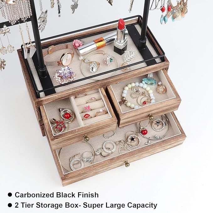 Olakee Jewelry Organizer - 2 Layer Wooden Jewelry Drawer Storage Box with 6 Tier Jewelry Tree Stand, Jewelry Display for Necklaces Bracelet Earring Ring (Carbonized Black)