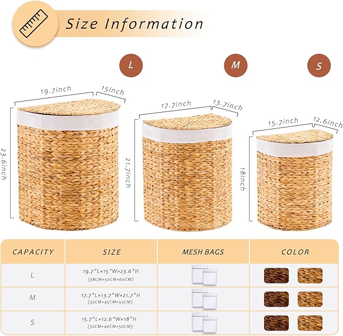 Half Round Wicker Laundry Hamper with Lid and 2 Removable Liner Bags, Handwoven Natural Water Hyacinth Laundry Basket for Dirty Clothes, Natural