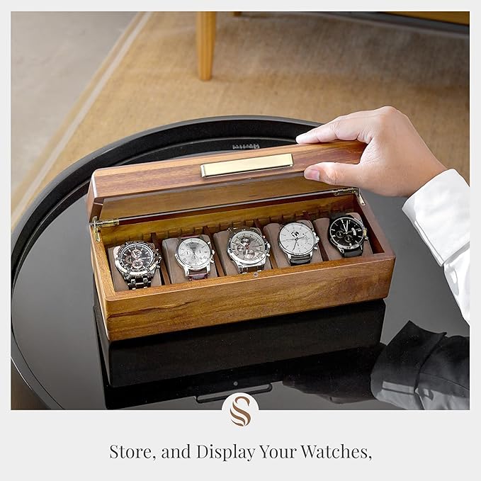 Shanik Wooden Watch Box for Men – 5 Slot Storage Case with Velvet Pillows, Natural Acacia Wood Organizer for Large Watches, Luxury Gift for Him