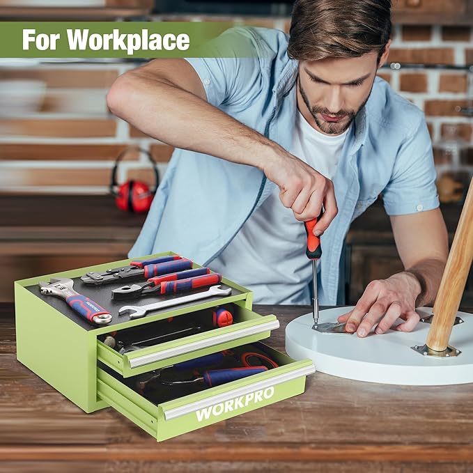 WORKPRO 12.5" Mini Tool Box with 2 Drawers & 1 Open Top Storage, Small Metal Tool Chest with PVC Liners & PP Feet Pads, Cold Rolled Steel Toolbox with Drawer Liners & Magnetic Tabs