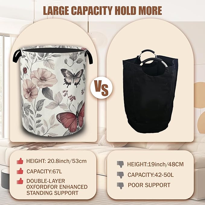 Butterfly Botanical Plant Flower Laundry Basket,Waterproof Foldable Laundry Hamper,Dirty Clothes Basket, Linen Bin Storage Organizer Collection 16" x 20.8"