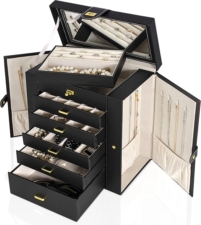 AKOZLIN Large Jewelry Box Organizer Functional Lockable with Big Mirror, Leather Jewelry Storage Case for Women Girls Ring Necklace Earring Bracelet Holder Organizer