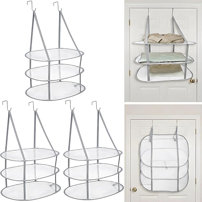 SAMJANE Sweater Drying Rack Hanging – Lay-Flat Warp-Knit Airflow Mesh for Delicates, 3-Tier Foldable Space-Saving Door-Hanging Design for Fast Drying & No Deformation in Small Spaces (Grey- 3 Pack)