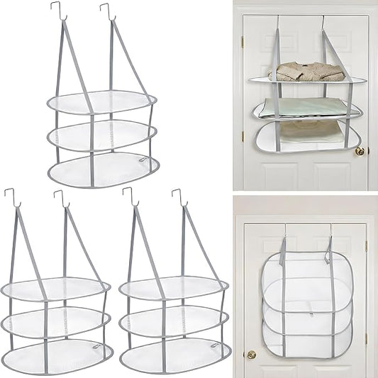SAMJANE Sweater Drying Rack Hanging – Lay-Flat Warp-Knit Airflow Mesh for Delicates, 3-Tier Foldable Space-Saving Door-Hanging Design for Fast Drying & No Deformation in Small Spaces (Grey- 3 Pack)