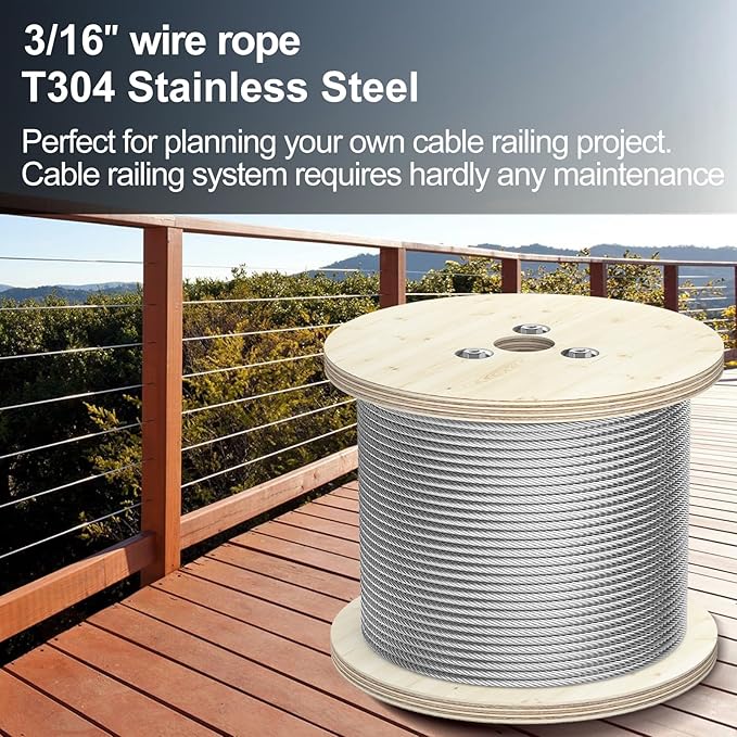BLIKA 500FT 304 Stainless Steel Cable, Stainless Steel Decking Railing 3/16 inch with 7 x 19 Strand Construction, 3700lbs Breaking Strength Marine Grade for Rail, Deck, Clothesline and DIY Balustrade
