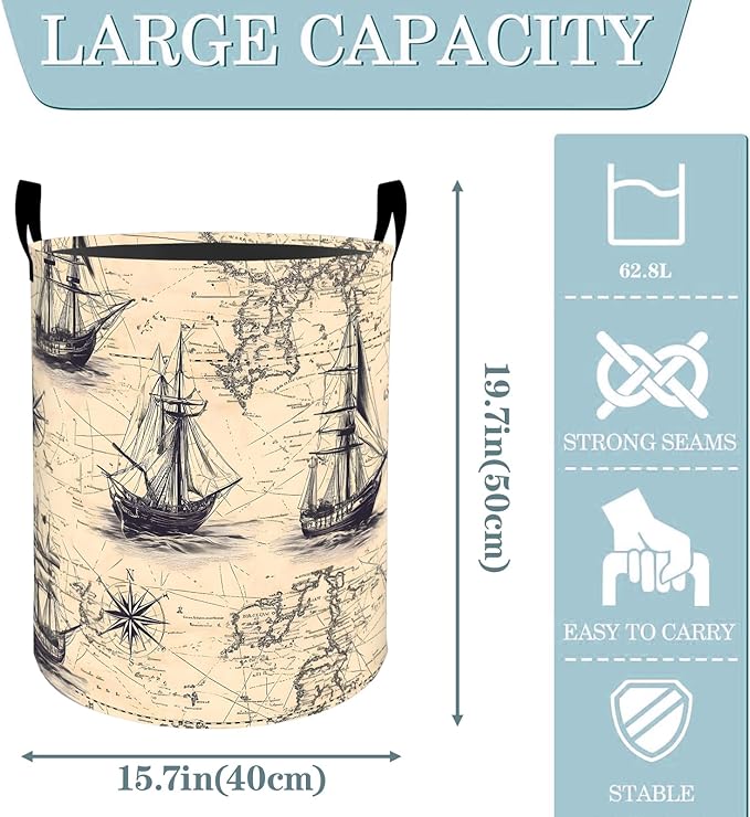 Vintage Nautical Ship Map Laundry Basket, Dirty Collapsible Clothes Toy Organizer Hamper for Kids Adults, Oxford Cloth Waterproof Storage Bin for Bedroom Bathroom Home Decor Gifts, 19.7"X15.7"