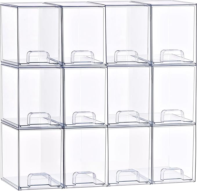 Sorbus Stackable Acrylic Storage Drawers,12 Pack Clear Plastic Organizer Bins for Baby Bottles, Makeup, Bathroom, Vanity & Kitchen Countertop Organization, Pull-Out Drawer Design for Cabinets & Pantry