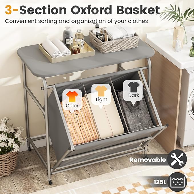 Giantex Laundry Sorter with Foldable Ironing Board, 3 Section Tilt Out Laundry Hamper with Removable Bags, Heavy-Duty Rolling Laundry Cart with Lockable Wheels for Bathroom Bedroom, Grey